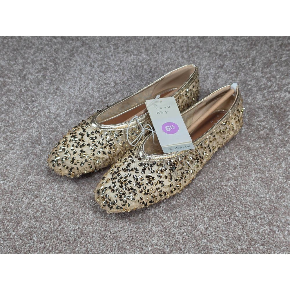 A New Day Sammie Sequin Ballet Flats Champagne Gold Metallic Sparkle Shoes 6.5